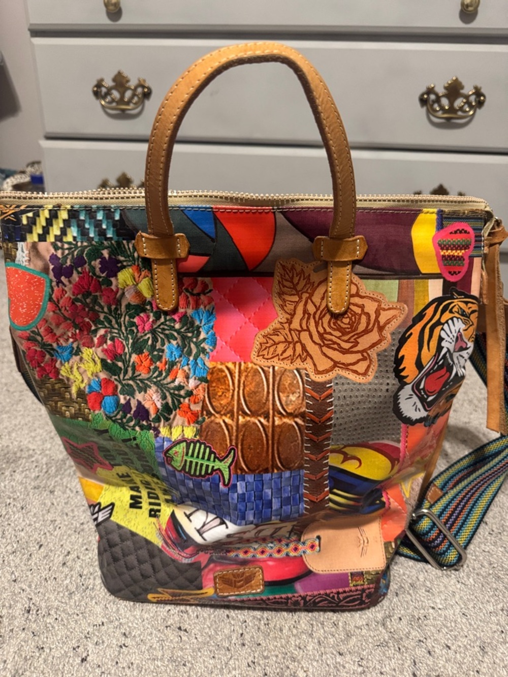 Consuela Multicolor Patchwork Tote with Tan Leather Handles